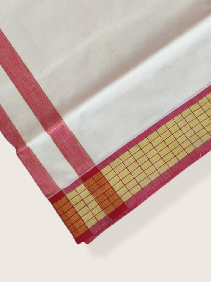 Kerala Kasavu Saree Premium Balaramapuram Handloom with Red Stripe Desgin Border