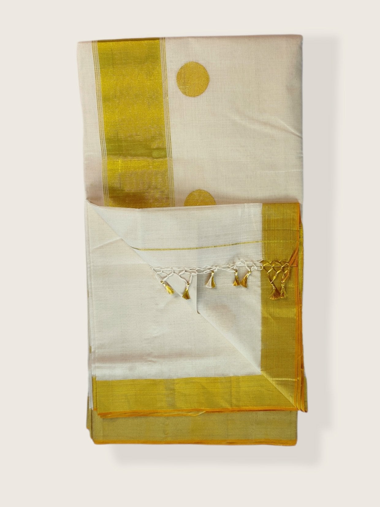 Kerala Kasavu Saree Premium Balaramapuram Handloom with Round Motif