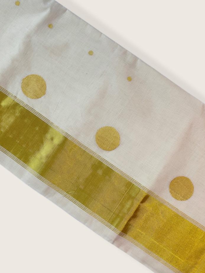 Kerala Kasavu Saree Premium Balaramapuram Handloom with Round Motif