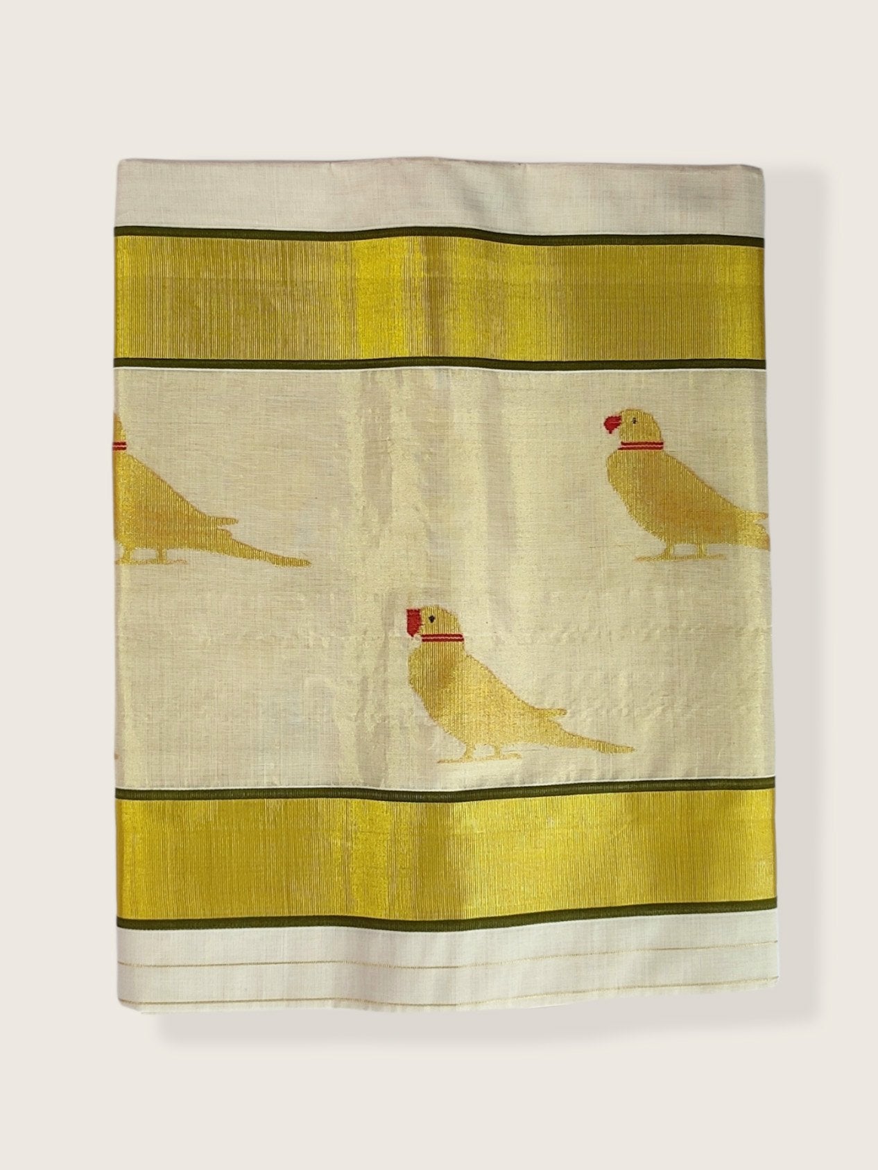 Kerala Kasavu Saree Premium Balaramapuram Handloom with Handwoven Parrot Motiff