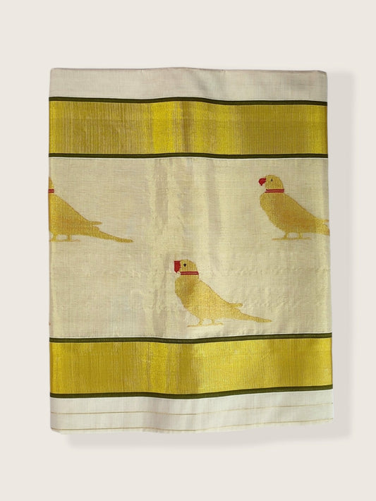 Kerala Kasavu Saree Premium Balaramapuram Handloom with Handwoven Parrot Motiff