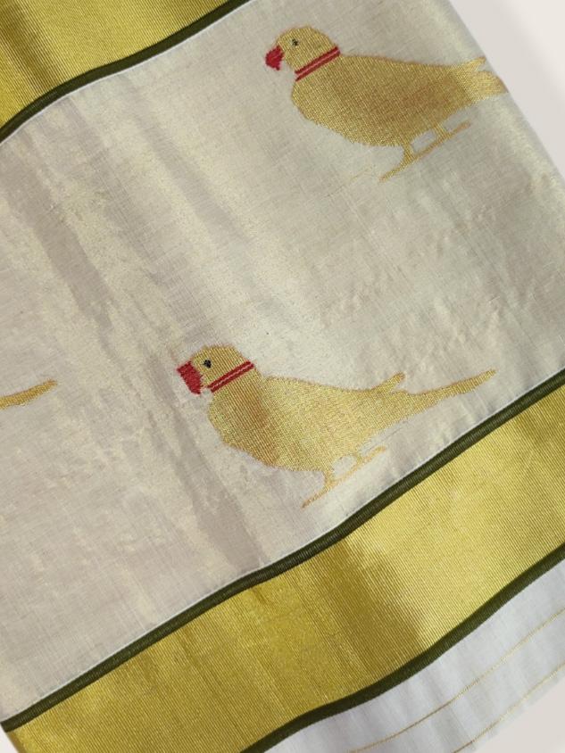 Kerala Kasavu Saree Premium Balaramapuram Handloom with Handwoven Parrot Motiff