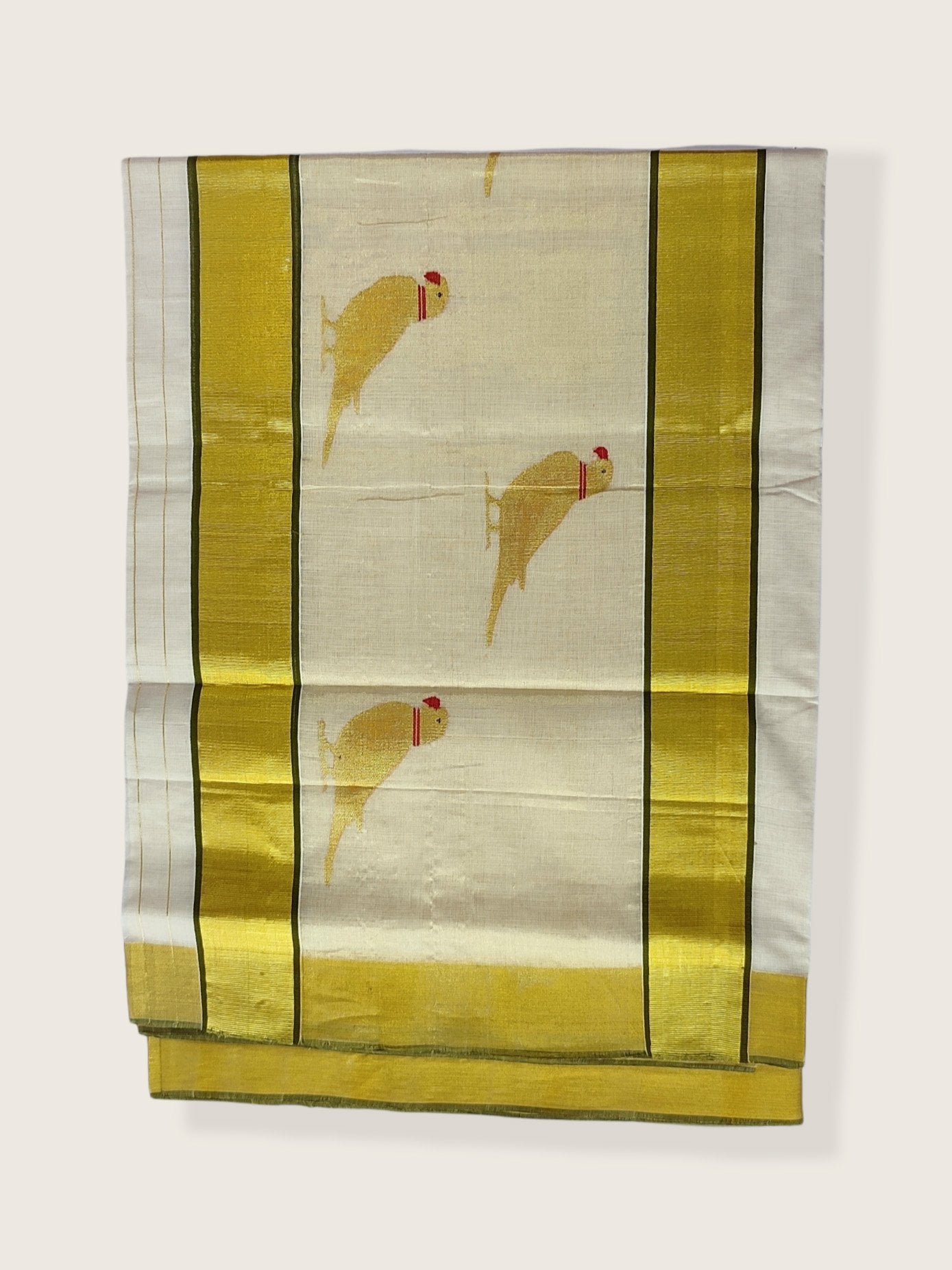 Kerala Kasavu Saree Premium Balaramapuram Handloom with Handwoven Parrot Motiff