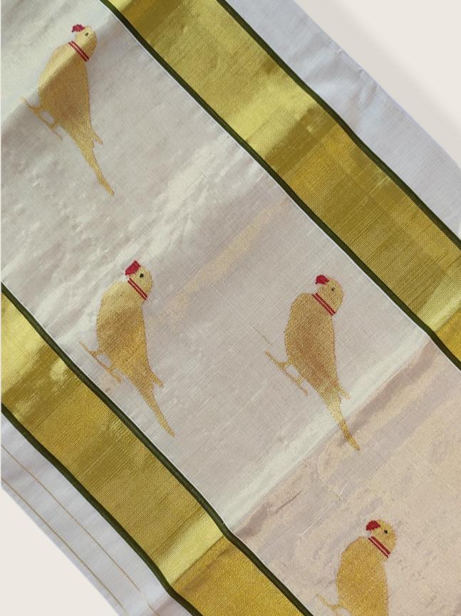 Kerala Kasavu Saree Premium Balaramapuram Handloom with Handwoven Parrot Motiff