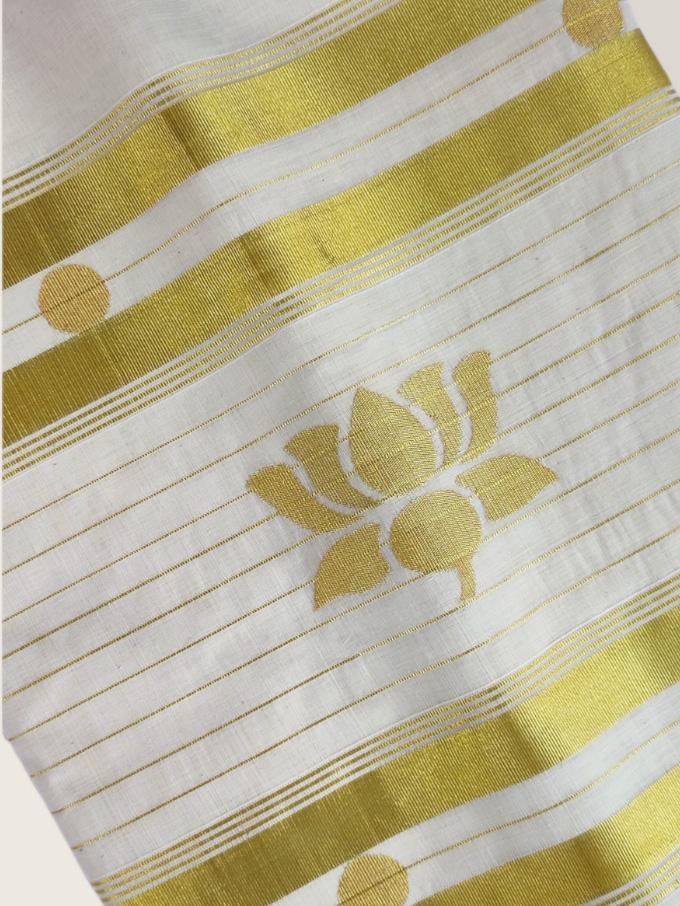 Kerala Kasavu Saree Premium Balaramapuram Handloom with Handwoven Lotus Motiff