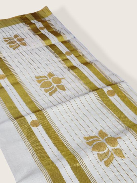 Kerala Kasavu Saree Premium Balaramapuram Handloom with Handwoven Lotus Motiff