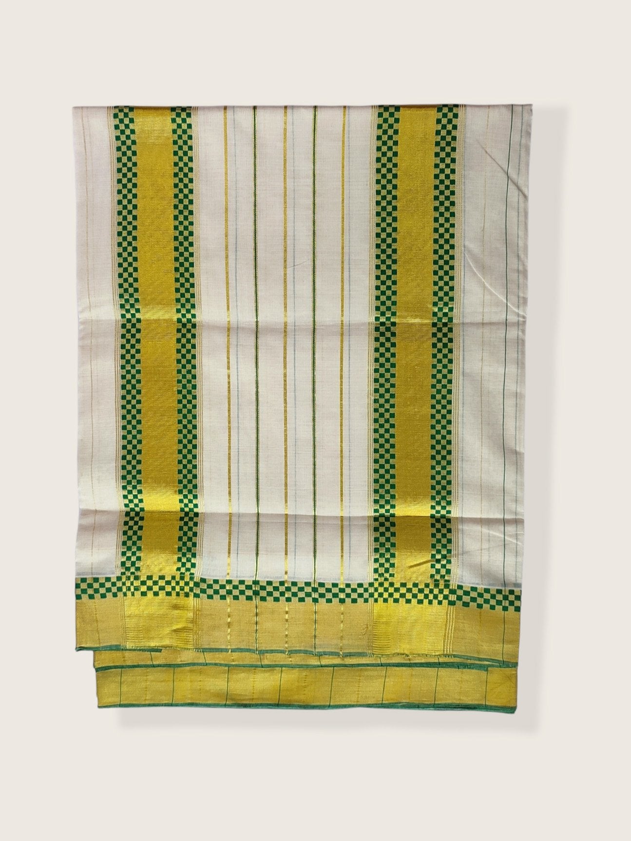 Kerala Kasavu Saree Premium Balaramapuram Handloom with Green Check Desgin with Line Body