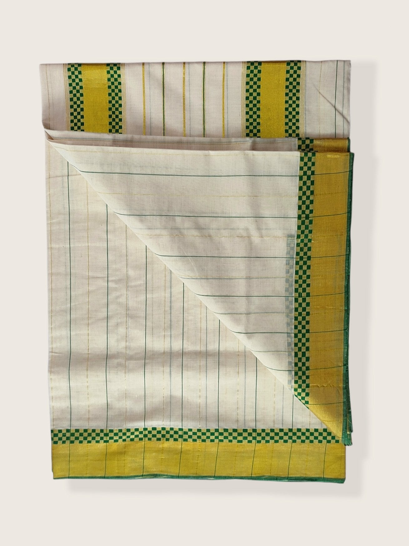 Kerala Kasavu Saree Premium Balaramapuram Handloom with Green Check Desgin with Line Body