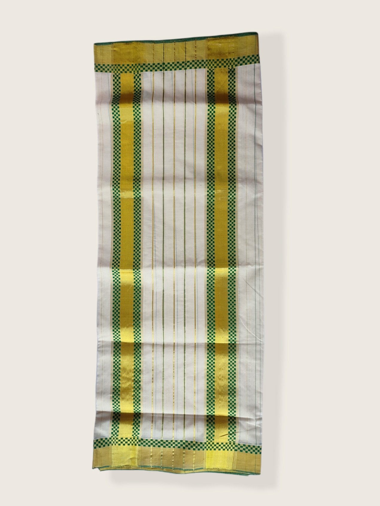 Kerala Kasavu Saree Premium Balaramapuram Handloom with Green Check Desgin with Line Body