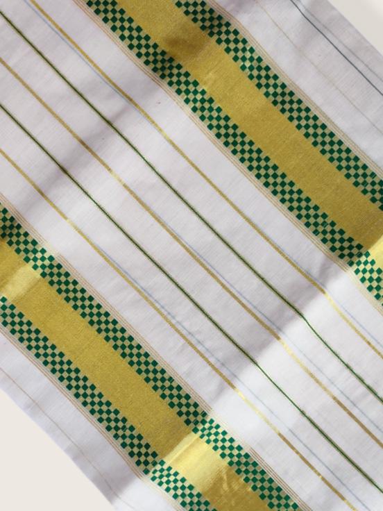 Kerala Kasavu Saree Premium Balaramapuram Handloom with Green Check Desgin with Line Body