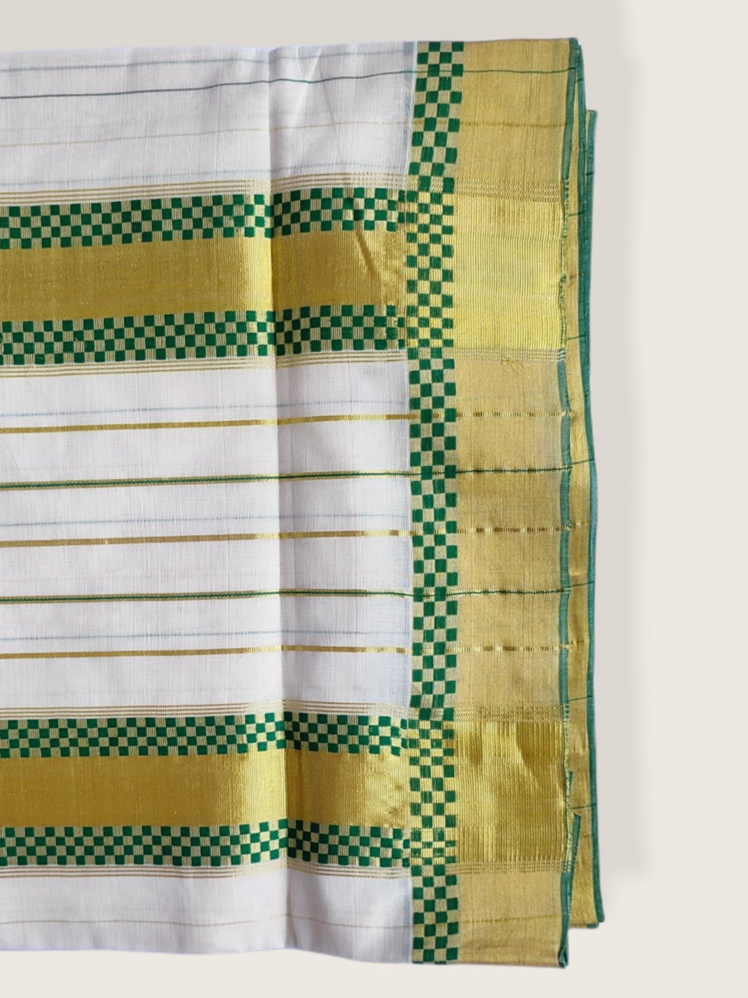 Kerala Kasavu Saree Premium Balaramapuram Handloom with Green Check Desgin with Line Body