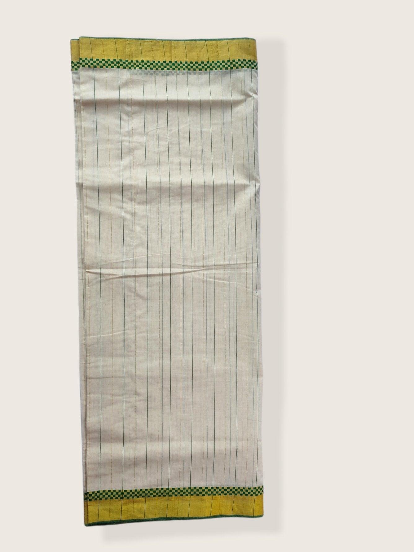 Kerala Kasavu Saree Premium Balaramapuram Handloom with Green Check Desgin with Line Body