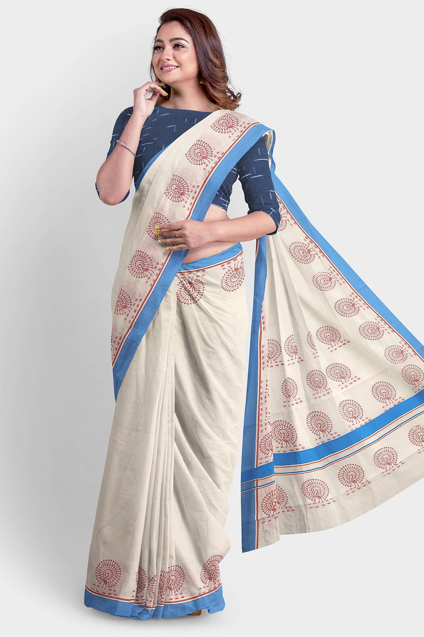Kerala Pure Cotton Saree with Blue Border and Peacock Print