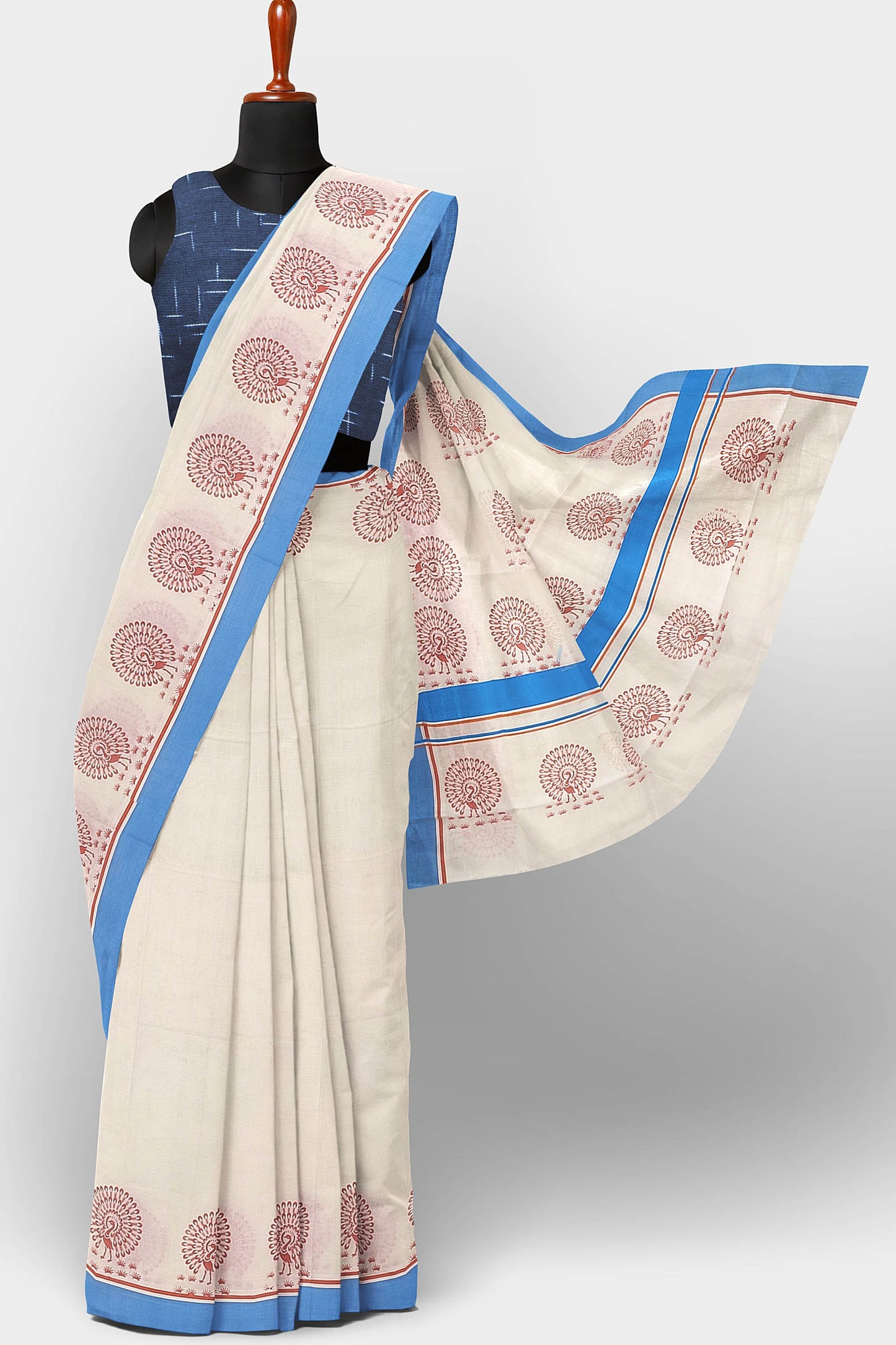 Kerala Pure Cotton Saree with Blue Border and Peacock Print