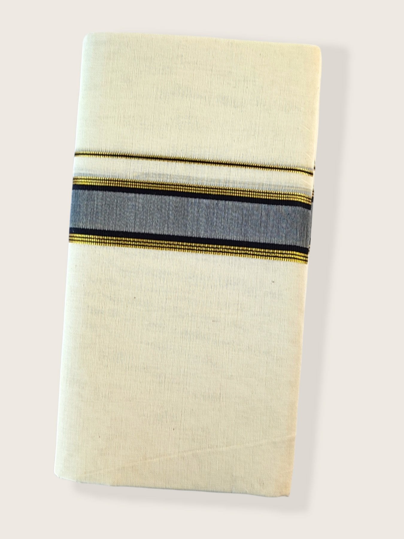 Kerala Double Mundu/Dhoti Pure Cotton with Grey and Gold Design Border