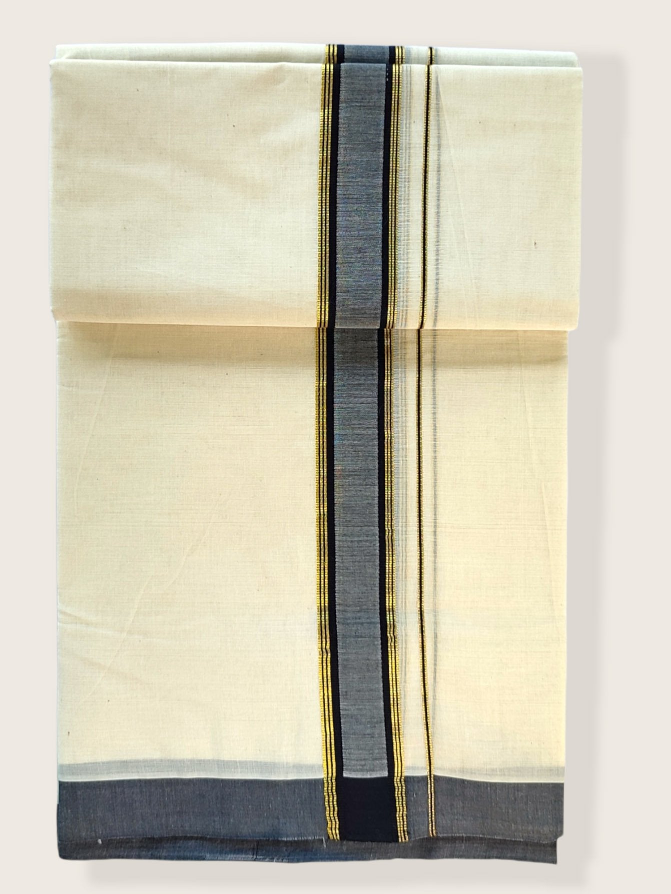 Kerala Double Mundu/Dhoti Pure Cotton with Grey and Gold Design Border
