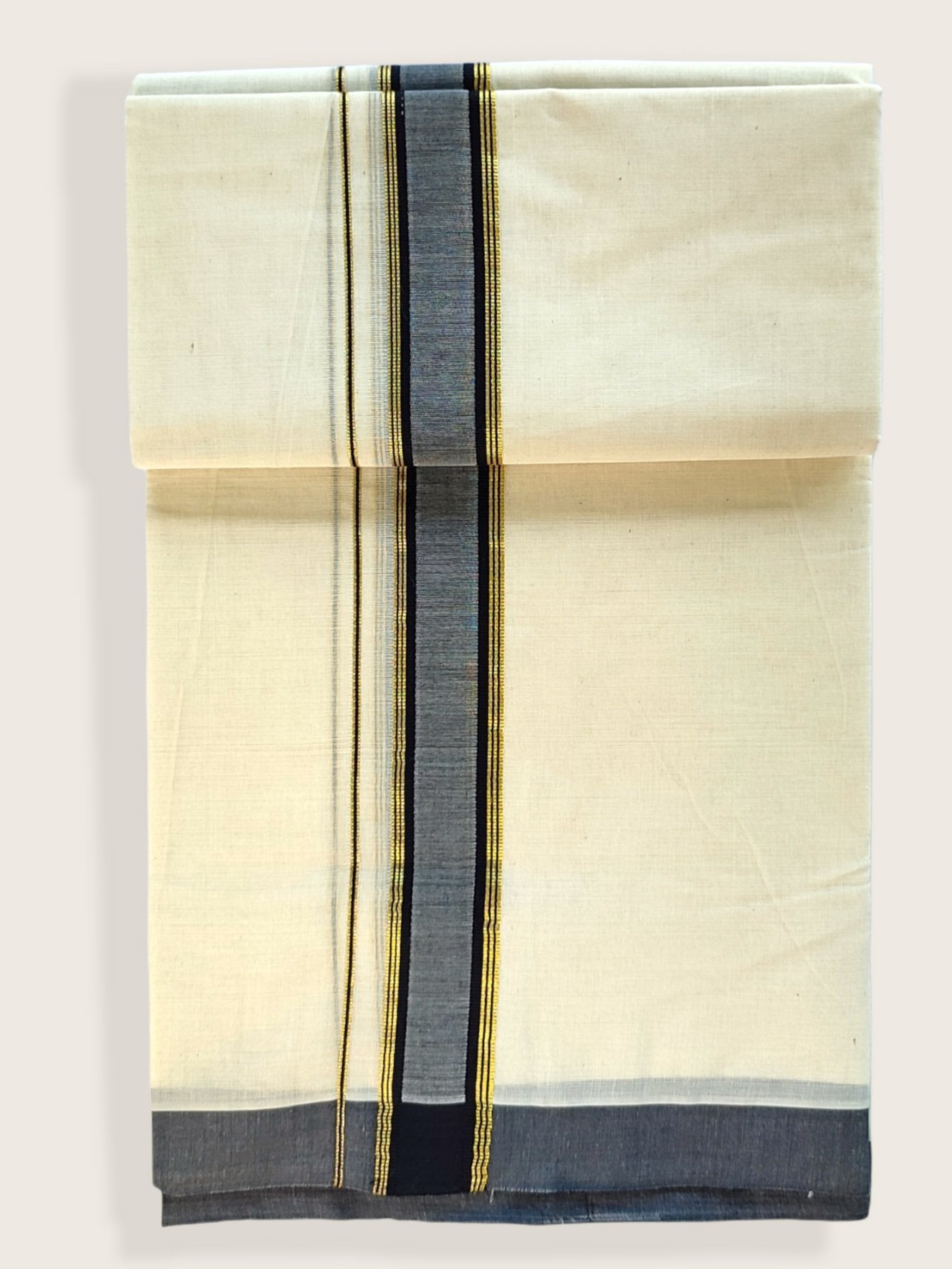 Kerala Double Mundu/Dhoti Pure Cotton with Grey and Gold Design Border