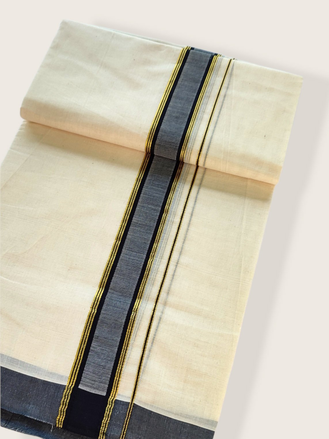 Kerala Double Mundu/Dhoti Pure Cotton with Grey and Gold Design Border