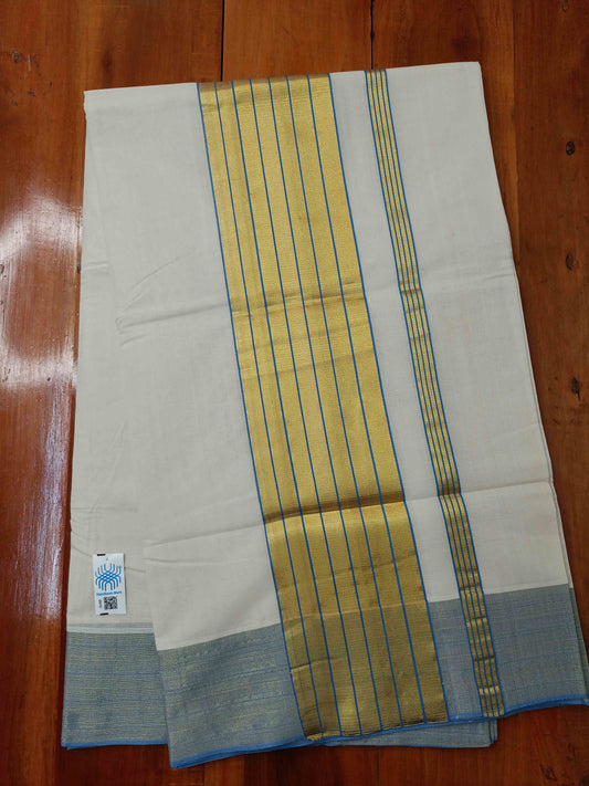 Kerala Saree Balaramapuram Handloom with Blue & Gold Colour