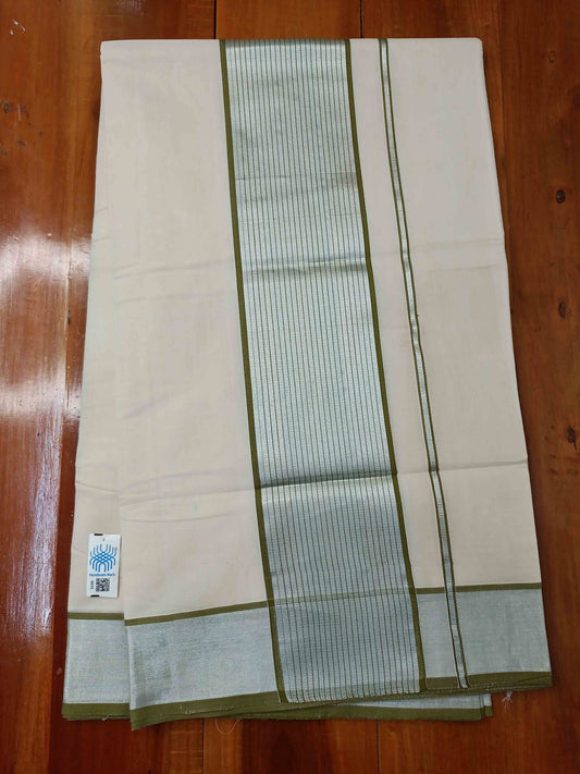 Kerala Saree Balaramapuram Handloom with Olive Green & Silver Colour