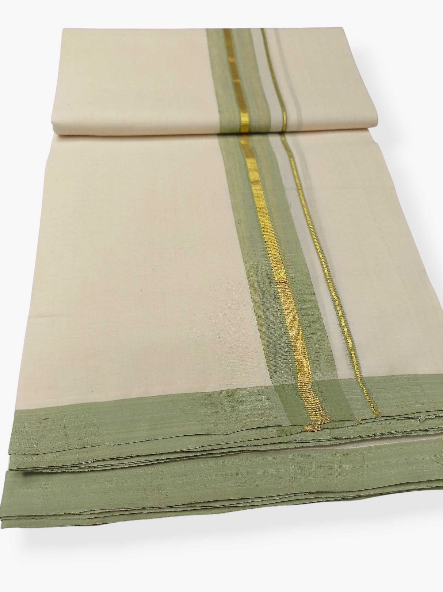 Balaramapuram Handloom Double Mundu Pure Cotton with Light Green Border