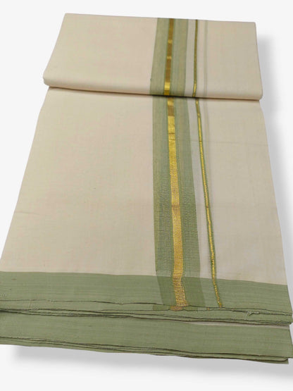 Balaramapuram Handloom Double Mundu Pure Cotton with Light Green Border