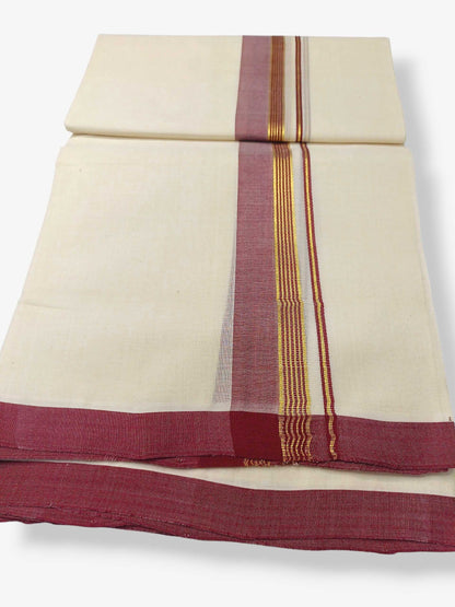 Balaramapuram Handloom Double Mundu Pure Cotton with Maroon Border