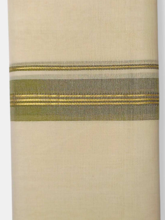 Balaramapuram Handloom Double Mundu Pure Cotton with Olive Green Border