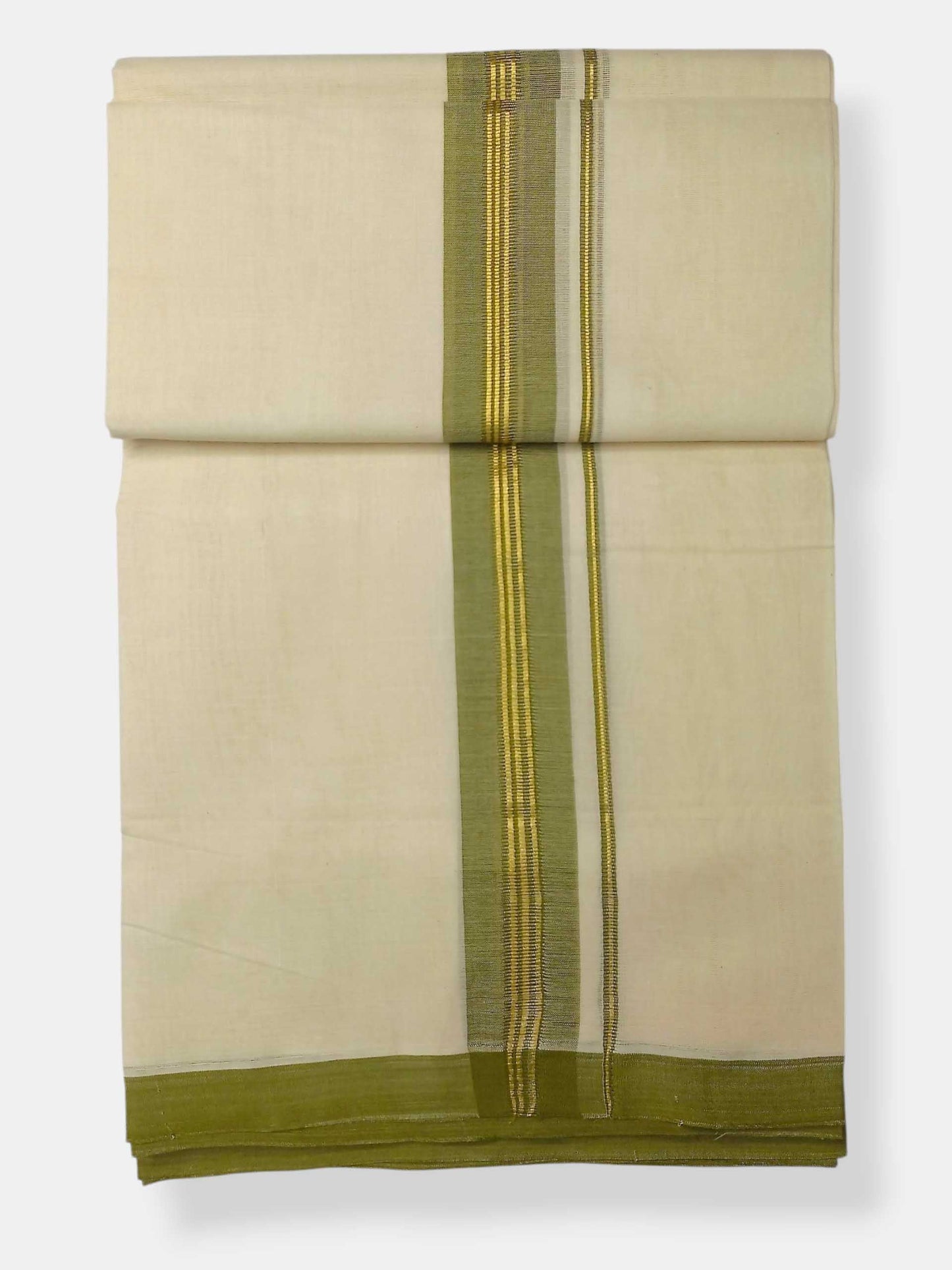Balaramapuram Handloom Double Mundu Pure Cotton with Olive Green Border