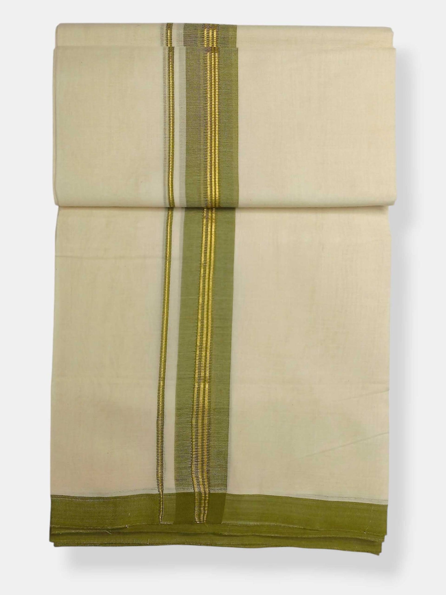 Balaramapuram Handloom Double Mundu Pure Cotton with Olive Green Border