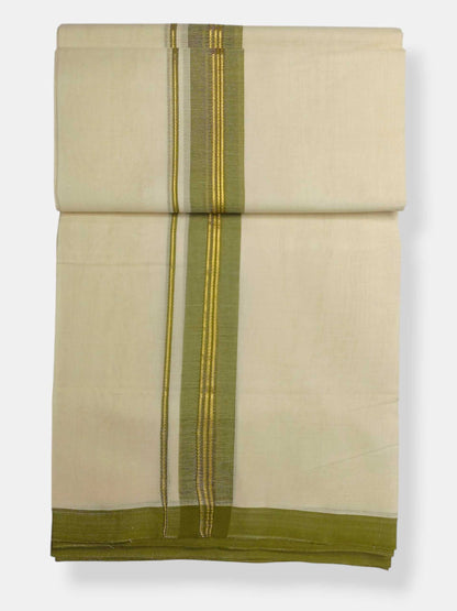 Balaramapuram Handloom Double Mundu Pure Cotton with Olive Green Border