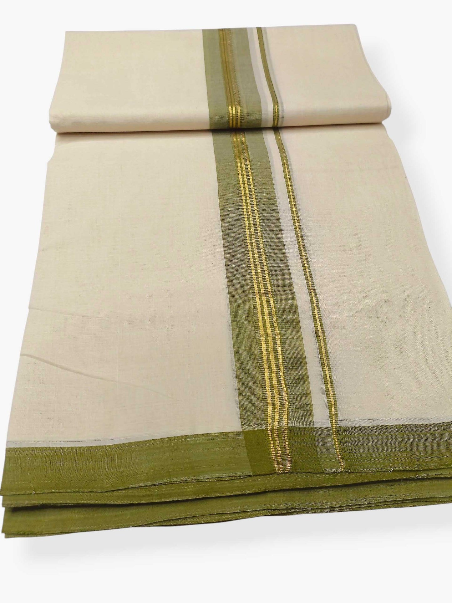 Balaramapuram Handloom Double Mundu Pure Cotton with Olive Green Border