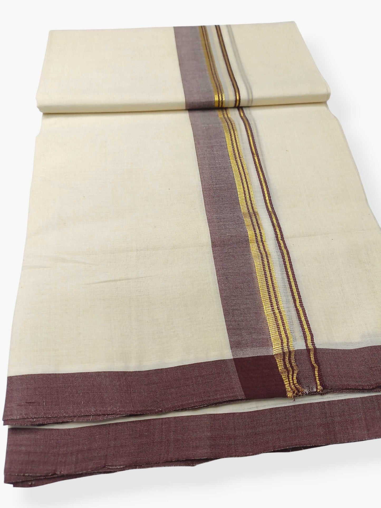 Balaramapuram Handloom Double Mundu Pure Cotton with Coffee Brown Border
