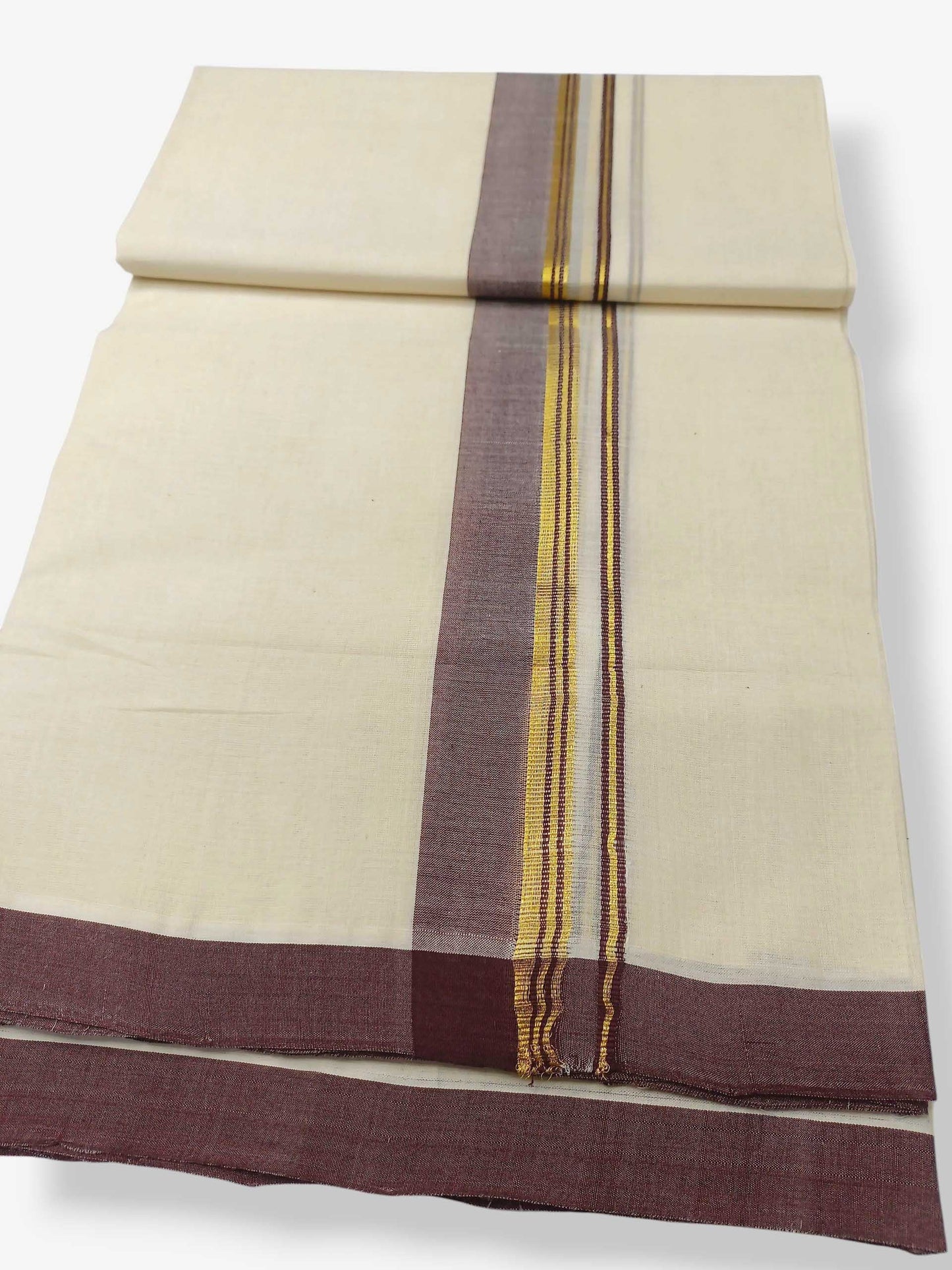 Balaramapuram Handloom Double Mundu Pure Cotton with Coffee Brown Border