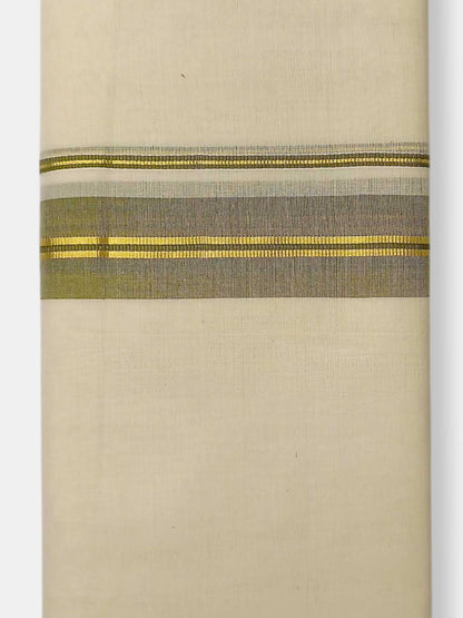 Balaramapuram Handloom Double Mundu Pure Cotton with Olive Green Border