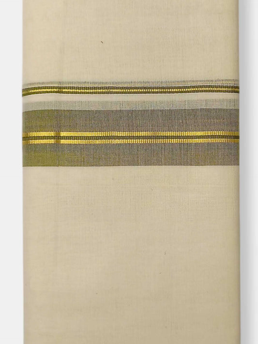 Balaramapuram Handloom Double Mundu Pure Cotton with Olive Green Border