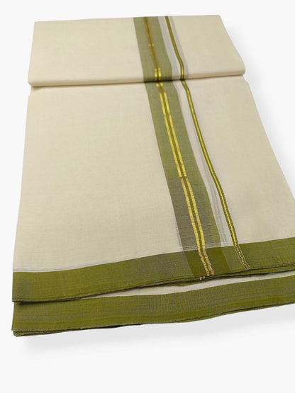 Balaramapuram Handloom Double Mundu Pure Cotton with Olive Green Border