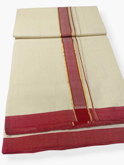 Balaramapuram Handloom Double Mundu Pure Cotton with Maroon Border