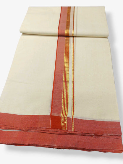 Balaramapuram Handloom Double Mundu Pure Cotton with Orange Border