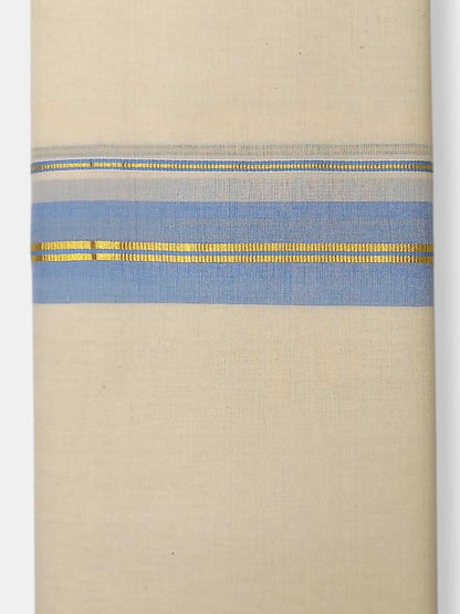 Balaramapuram Handloom Double Mundu Pure Cotton with Ocean Blue Border