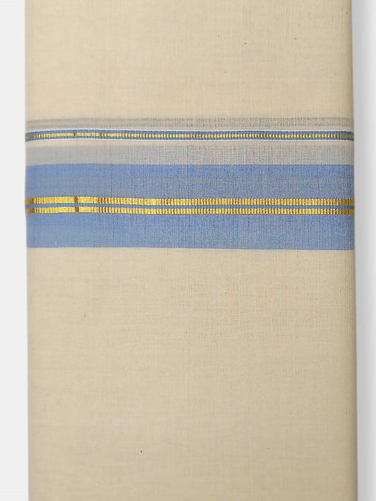 Balaramapuram Handloom Double Mundu Pure Cotton with Ocean Blue Border