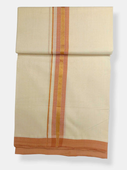 Balaramapuram Handloom Double Mundu Pure Cotton with Peach Border
