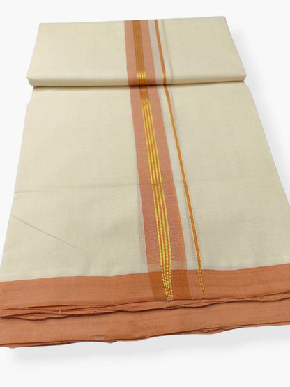 Balaramapuram Handloom Double Mundu Pure Cotton with Peach Border