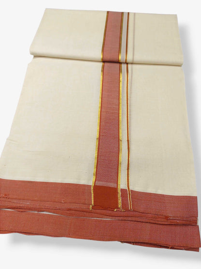 Balaramapuram Handloom Double Mundu Pure Cotton with Dark Orange Border