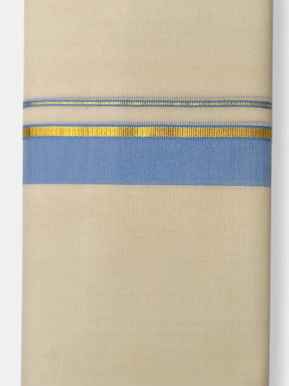 Balaramapuram Handloom Double Mundu Pure Cotton with Ocean Blue Border