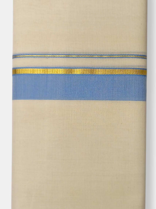 Balaramapuram Handloom Double Mundu Pure Cotton with Ocean Blue Border