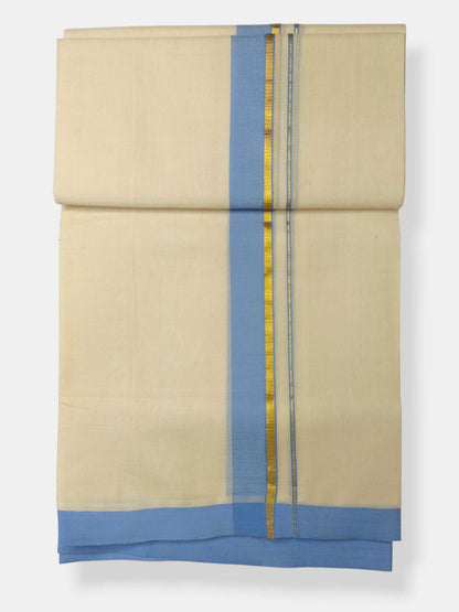 Balaramapuram Handloom Double Mundu Pure Cotton with Ocean Blue Border