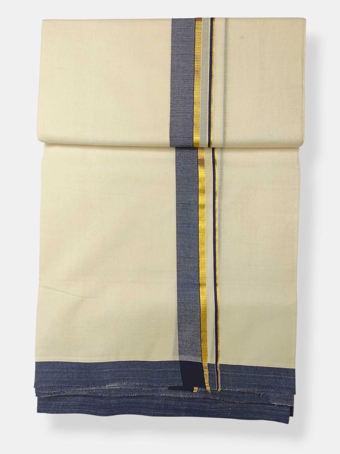 Balaramapuram Handloom Double Mundu Pure Cotton with Navy Blue Border