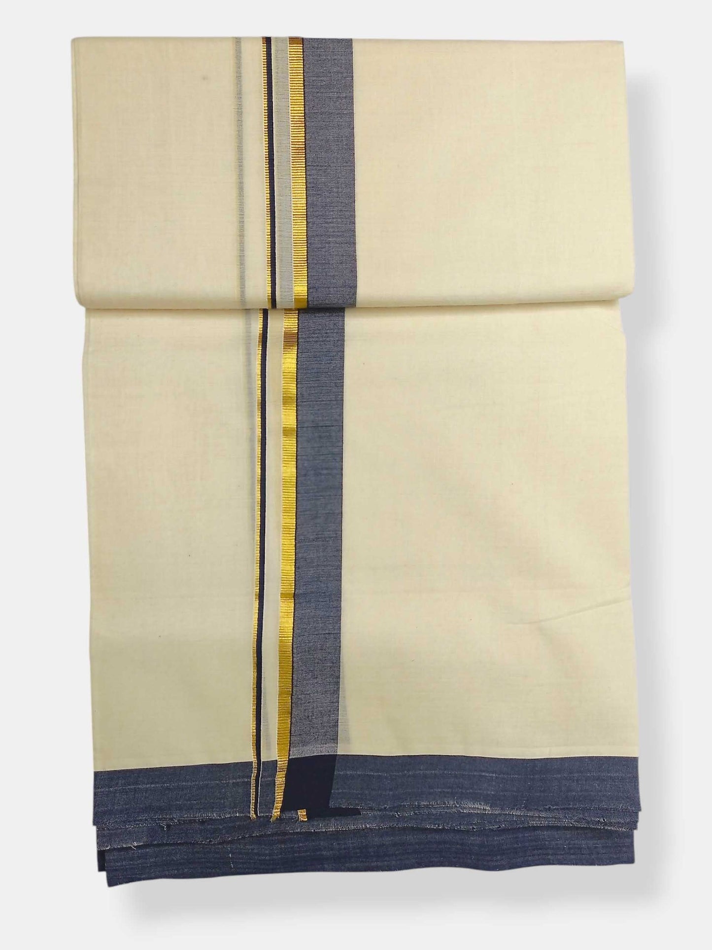 Balaramapuram Handloom Double Mundu Pure Cotton with Navy Blue Border