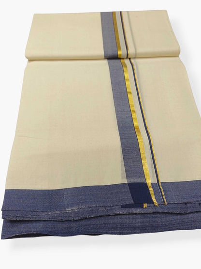 Balaramapuram Handloom Double Mundu Pure Cotton with Navy Blue Border